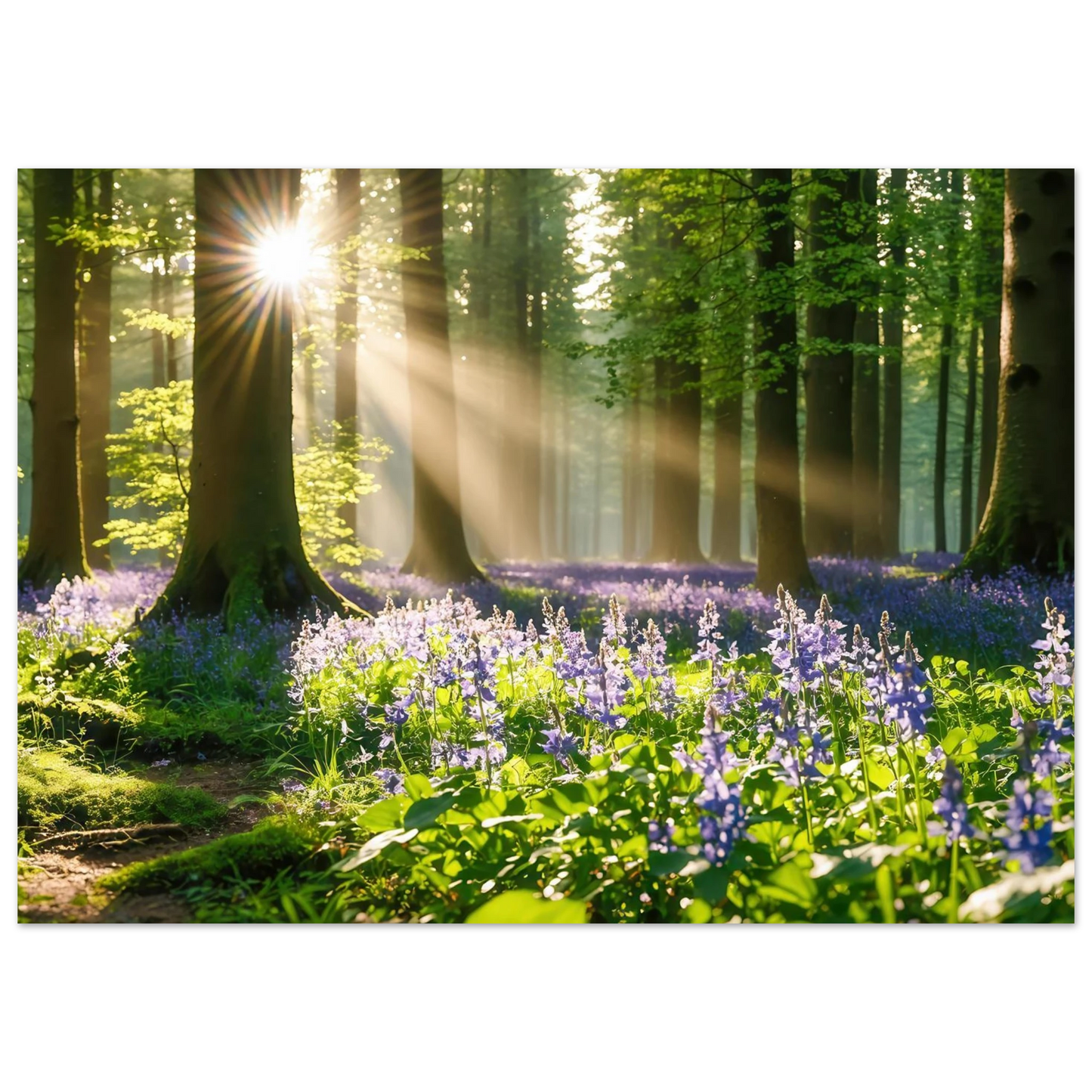 Wandbild mystischer morgenwald mit sonnenstrahlen und lila blueten in vielen groessen