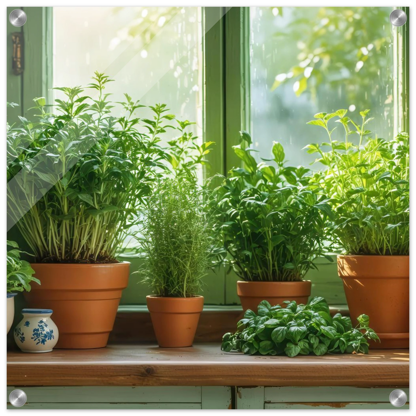Wandbild mediterrane kraeuter am fenster frische gruen nuancen fuer ihr zuhause in vielen groessen
