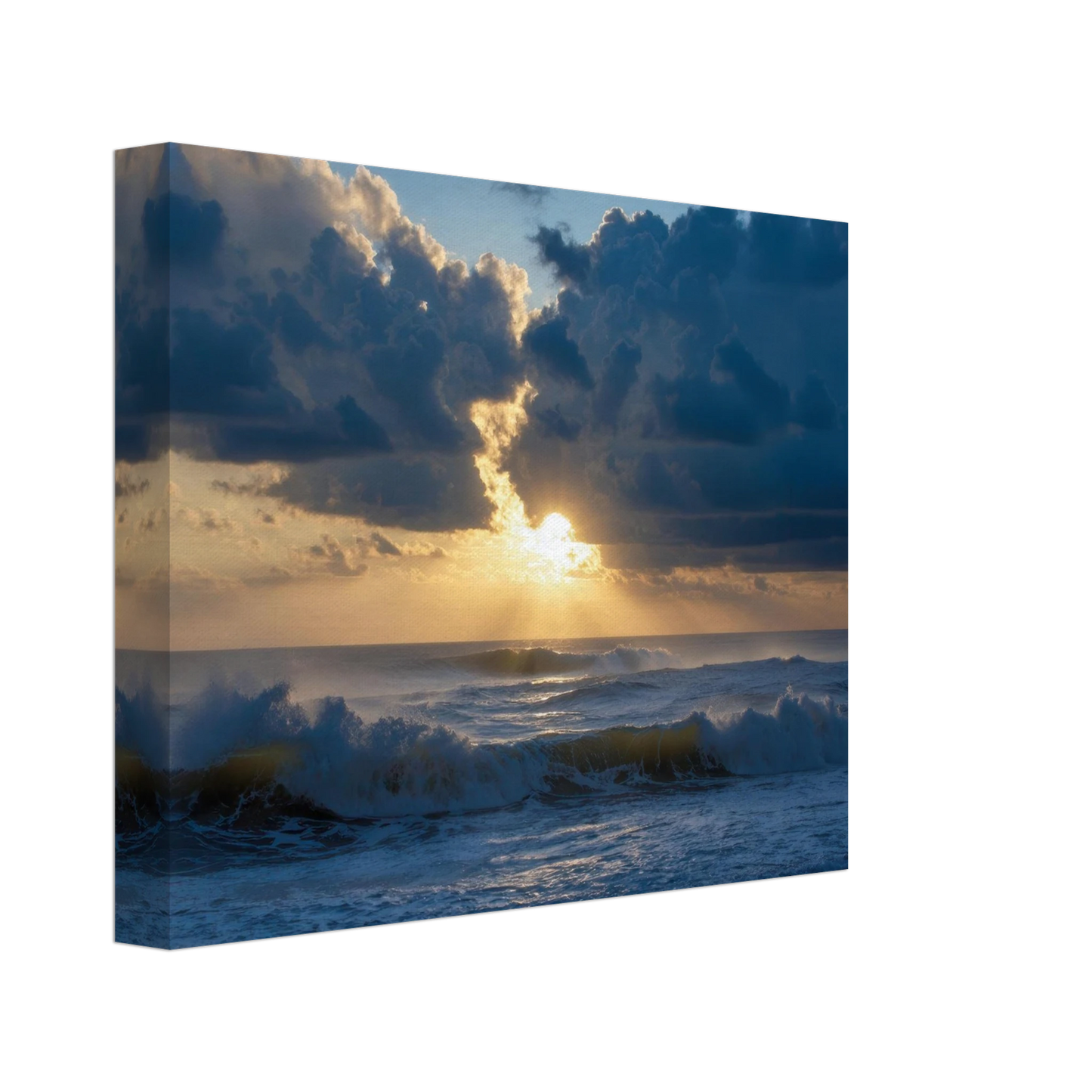 Wandbild dramatischer sonnenuntergang ueber stuermischer see lebendige wolken goldstrahlen fuer ihre wand
