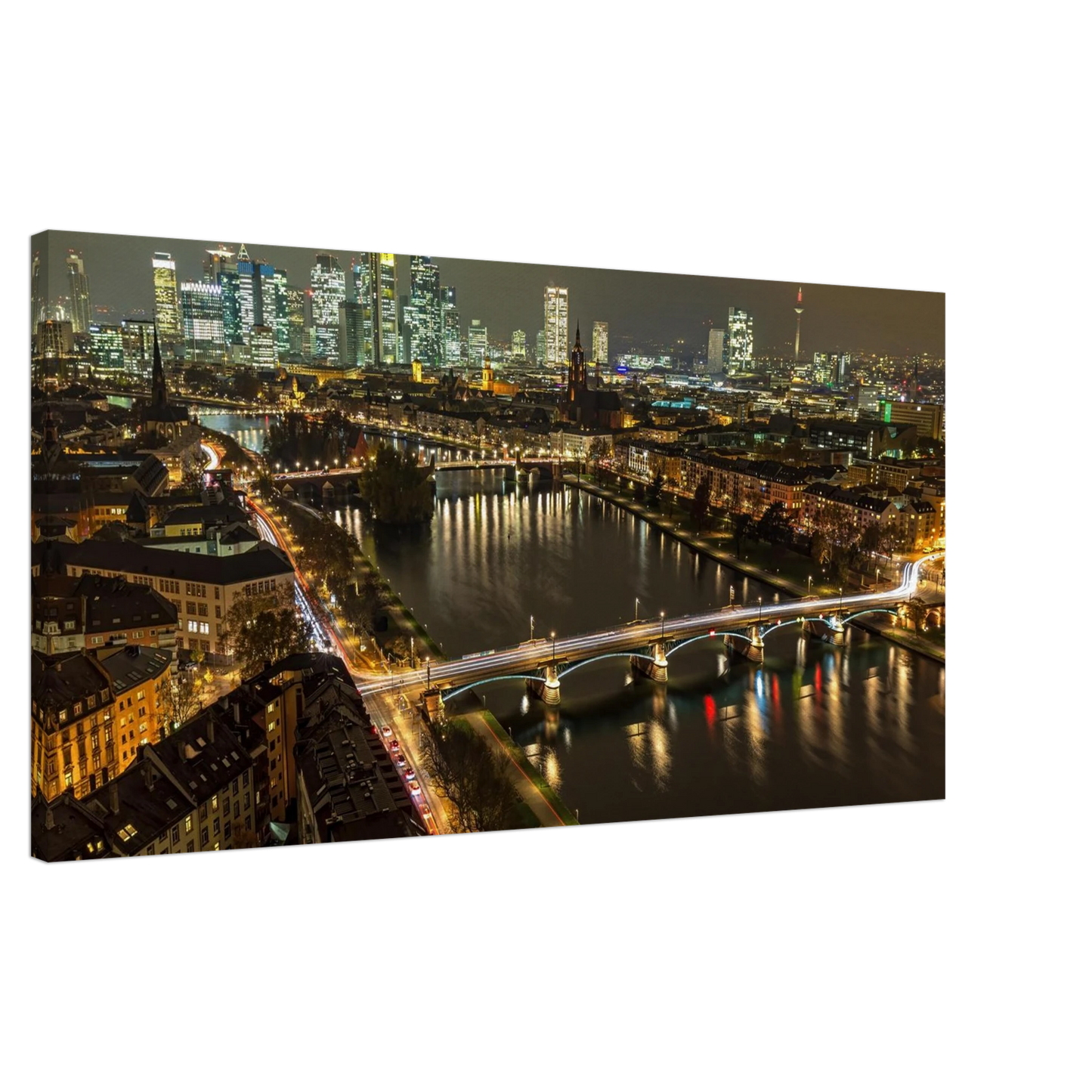 Wandbild golden leuchtende skyline modernes cityscape artwork in variablen groessen