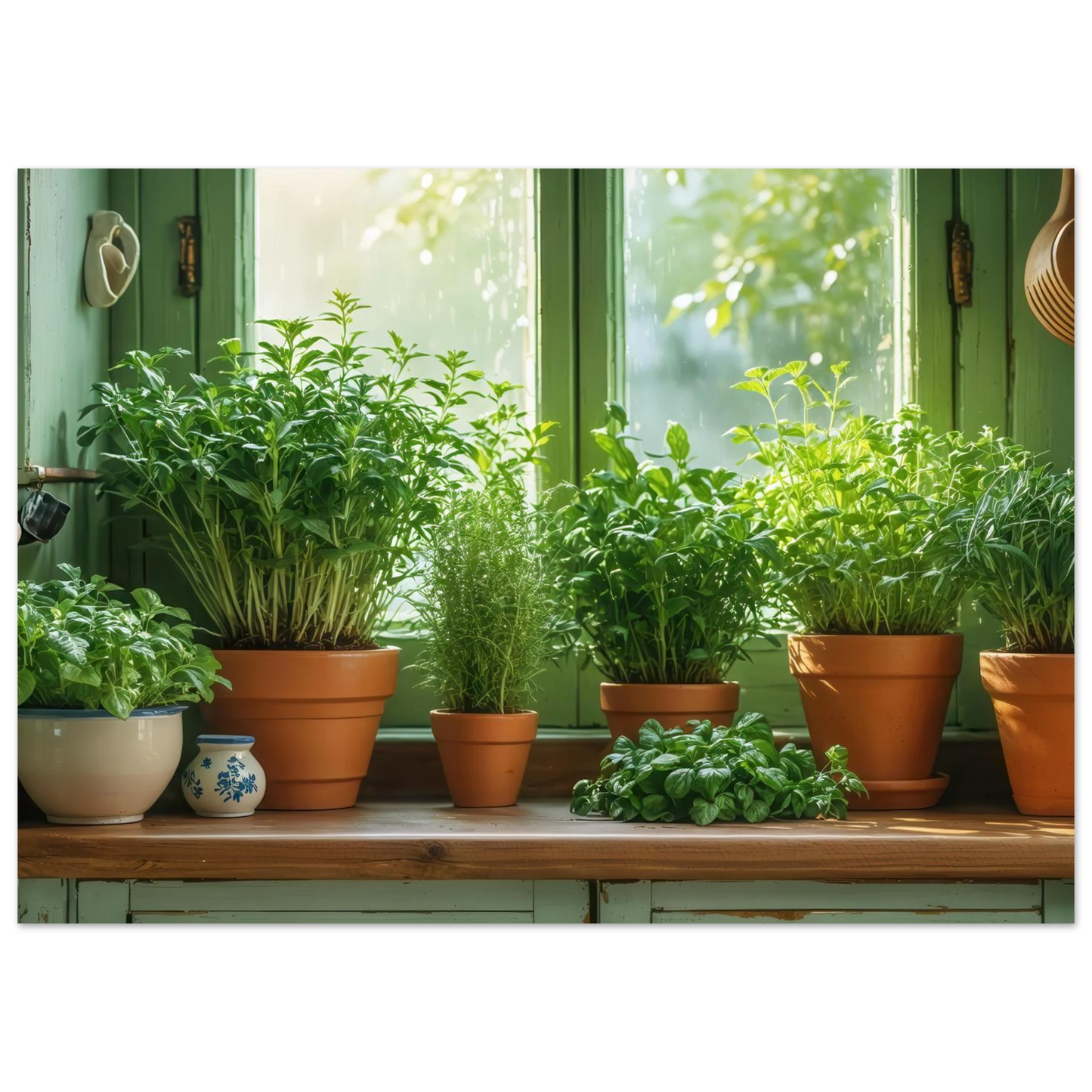 Wandbild mediterrane kraeuter am fenster frische gruen nuancen fuer ihr zuhause in vielen groessen