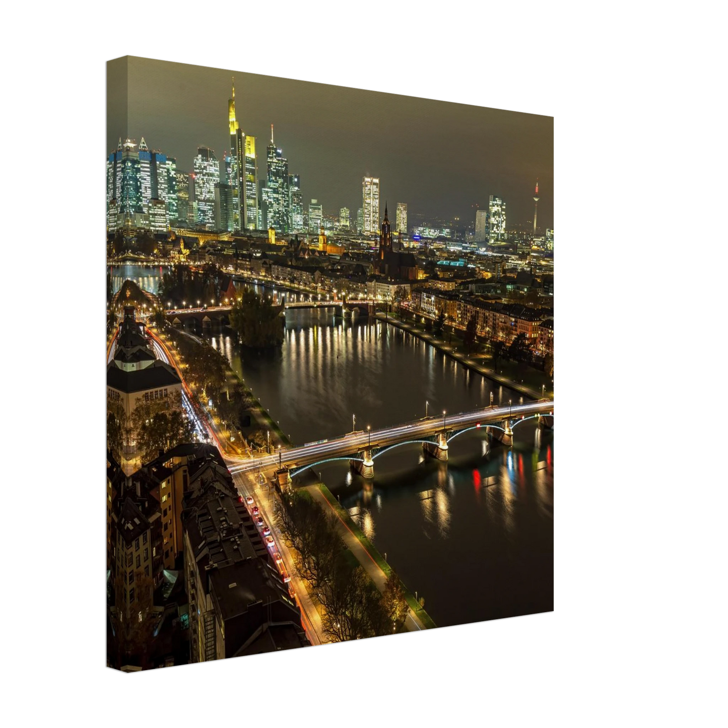Wandbild golden leuchtende skyline modernes cityscape artwork in variablen groessen