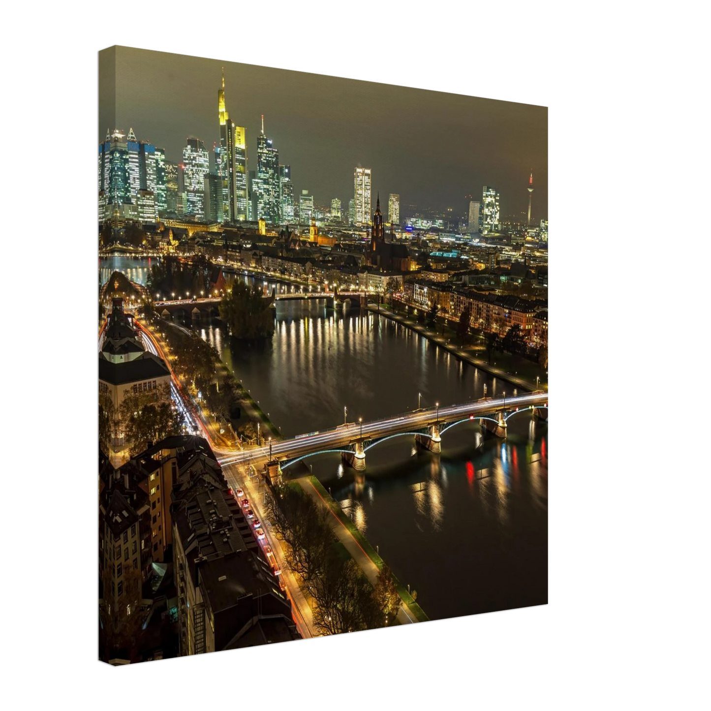 Wandbild golden leuchtende skyline modernes cityscape artwork in variablen groessen