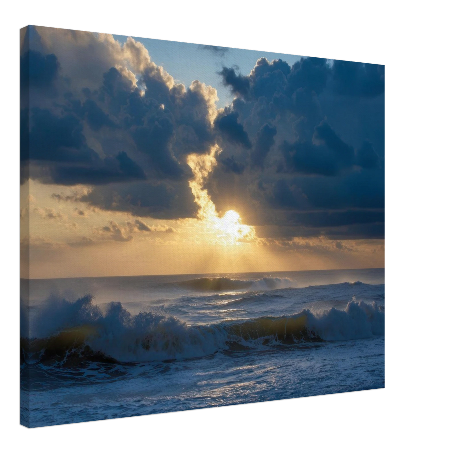 Wandbild dramatischer sonnenuntergang ueber stuermischer see lebendige wolken goldstrahlen fuer ihre wand