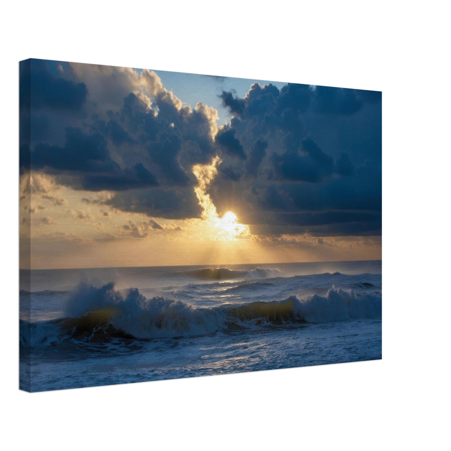 Wandbild dramatischer sonnenuntergang ueber stuermischer see lebendige wolken goldstrahlen fuer ihre wand