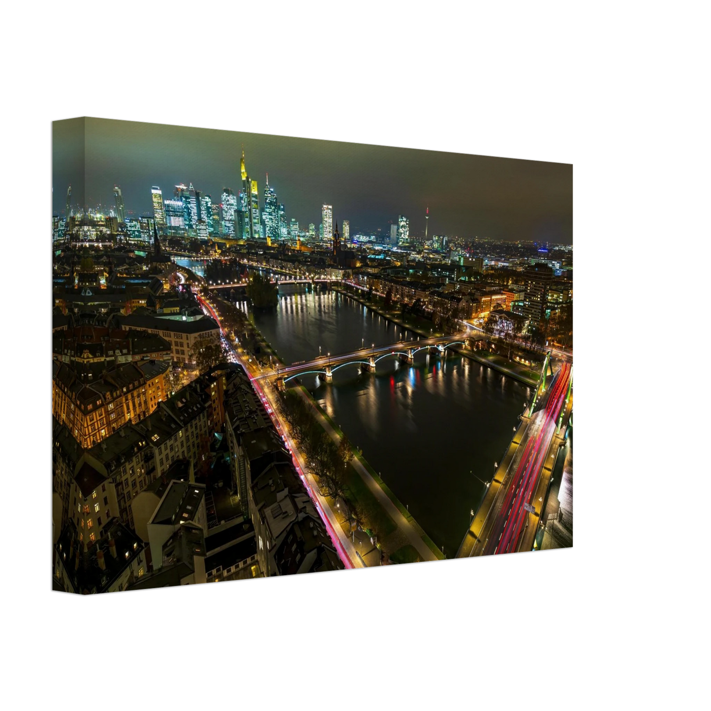 Wandbild frankfurt bei nacht pulsierende stadtansicht mit lichtspuren