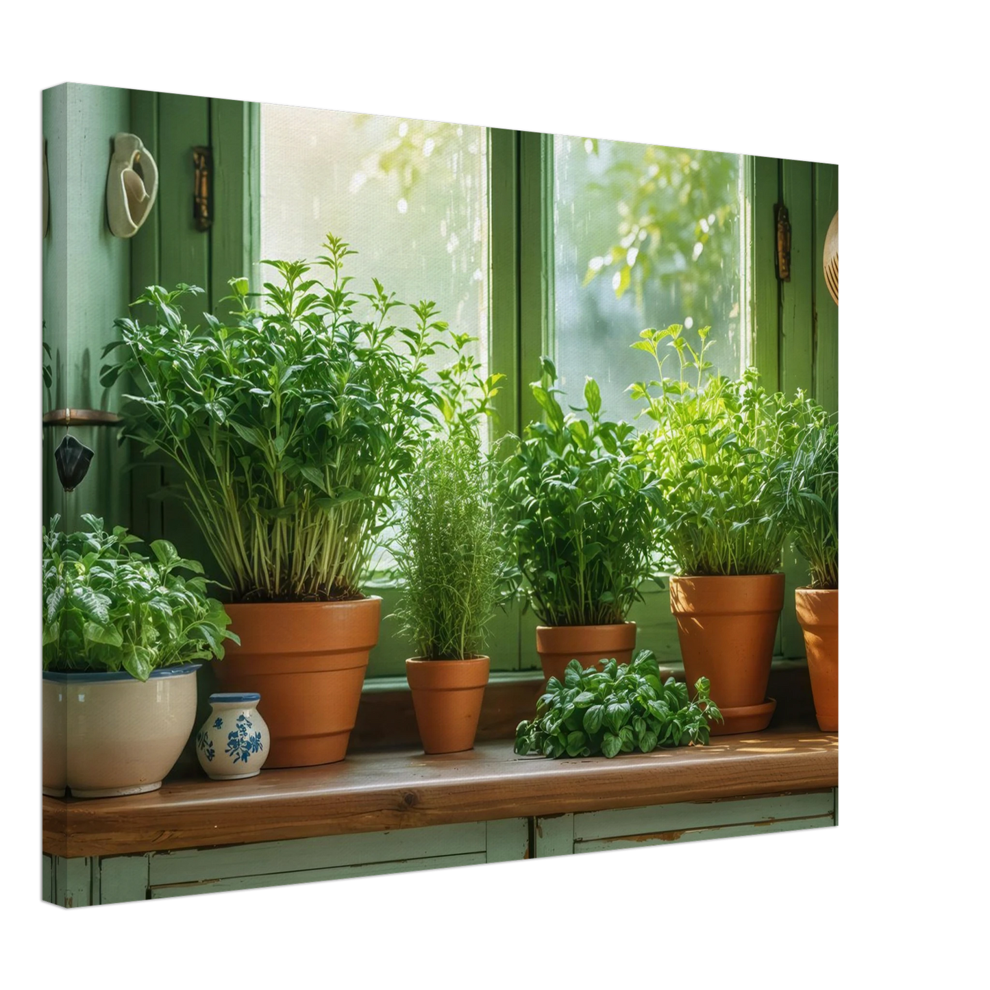 Wandbild mediterrane kraeuter am fenster frische gruen nuancen fuer ihr zuhause in vielen groessen