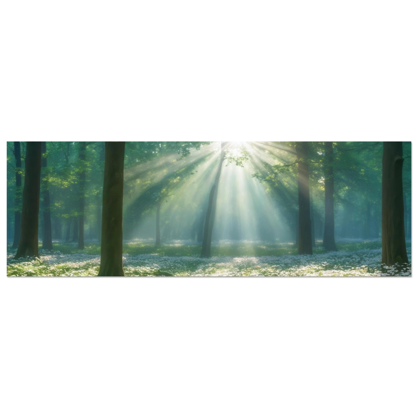 Wandbild mystischer wald sonnenstrahlen im gruenen bluetenmeer