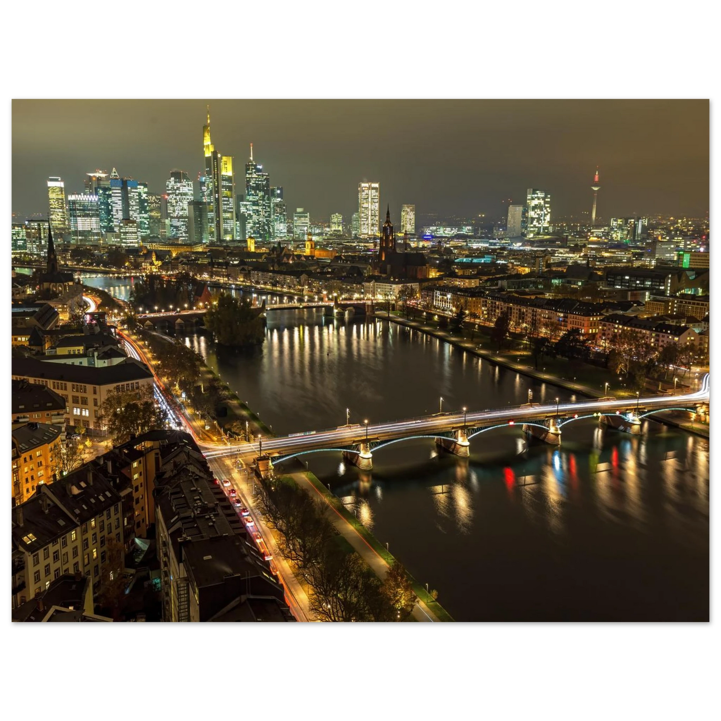 Wandbild golden leuchtende skyline modernes cityscape artwork in variablen groessen