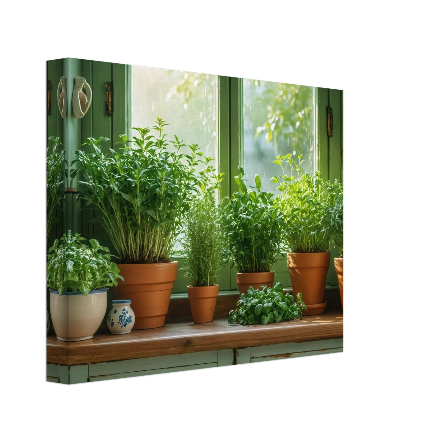 Wandbild mediterrane kraeuter am fenster frische gruen nuancen fuer ihr zuhause in vielen groessen