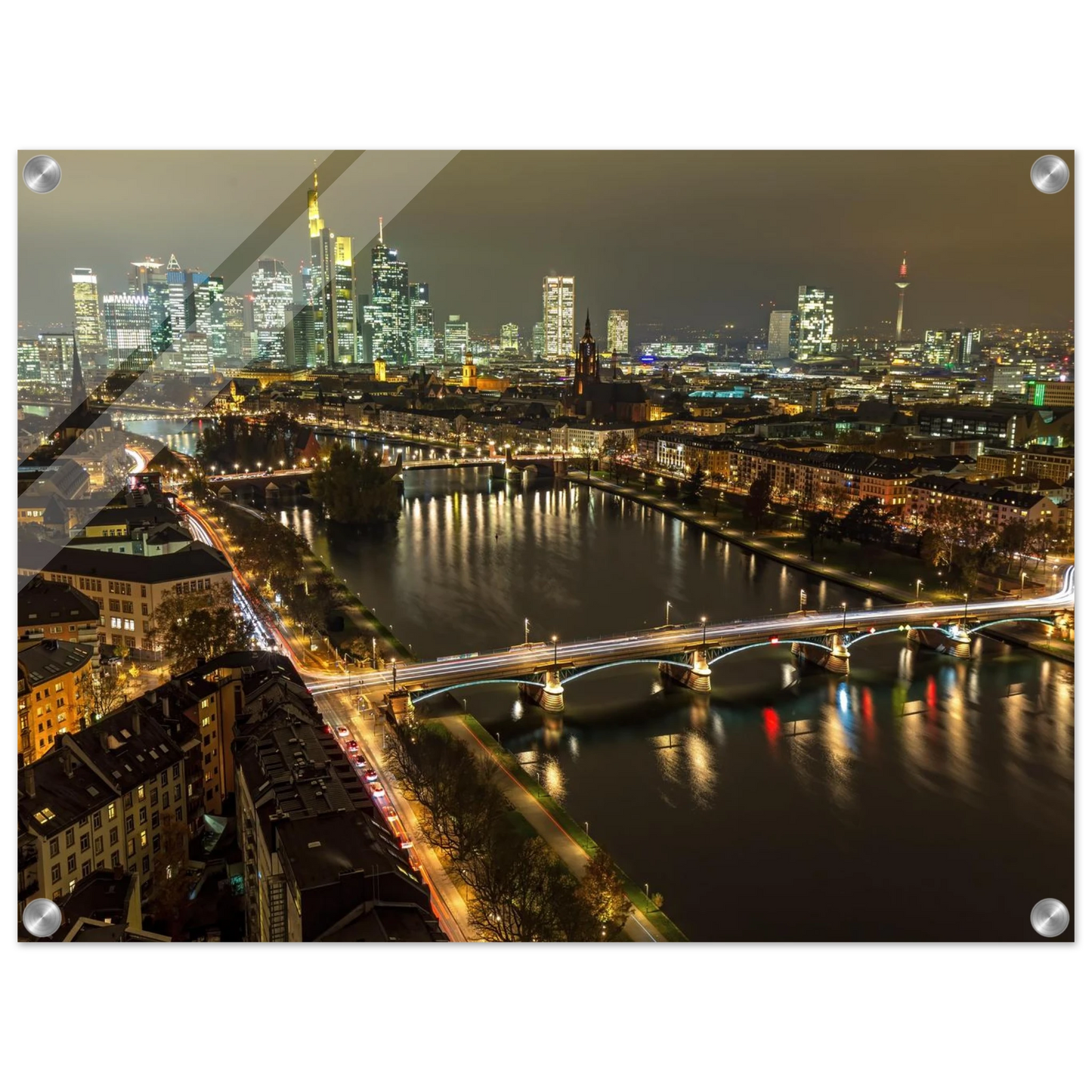 Wandbild golden leuchtende skyline modernes cityscape artwork in variablen groessen