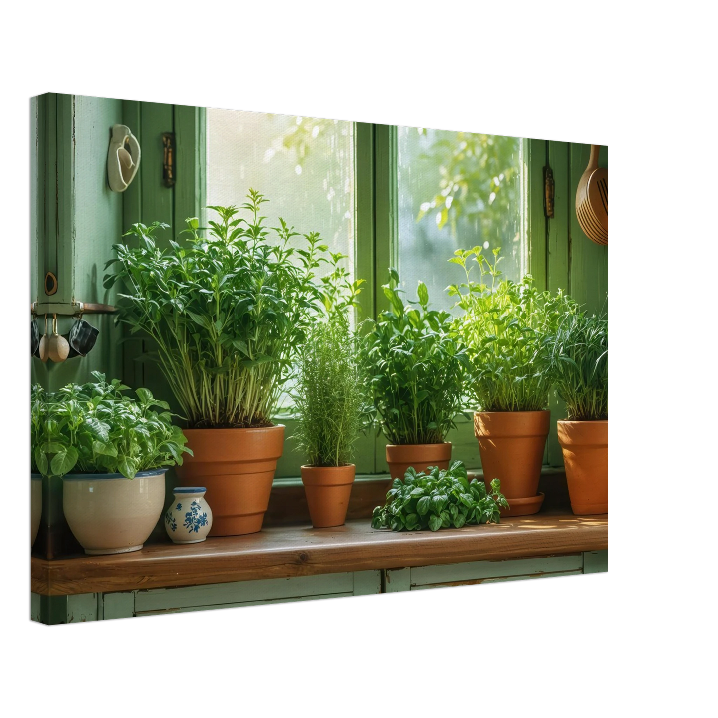 Wandbild mediterrane kraeuter am fenster frische gruen nuancen fuer ihr zuhause in vielen groessen