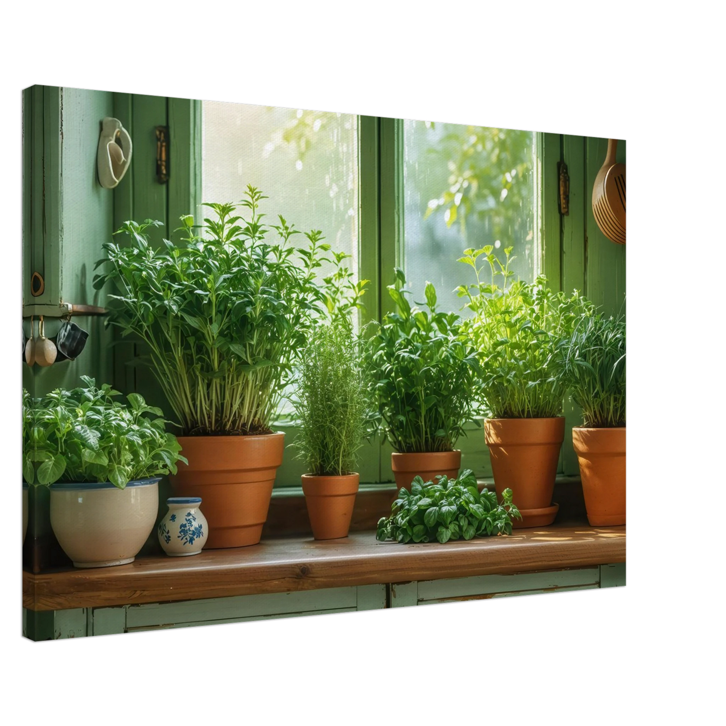 Wandbild mediterrane kraeuter am fenster frische gruen nuancen fuer ihr zuhause in vielen groessen