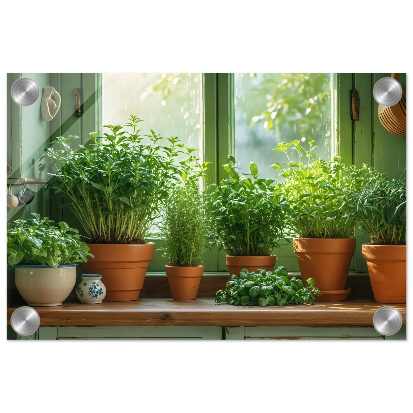 Wandbild mediterrane kraeuter am fenster frische gruen nuancen fuer ihr zuhause in vielen groessen