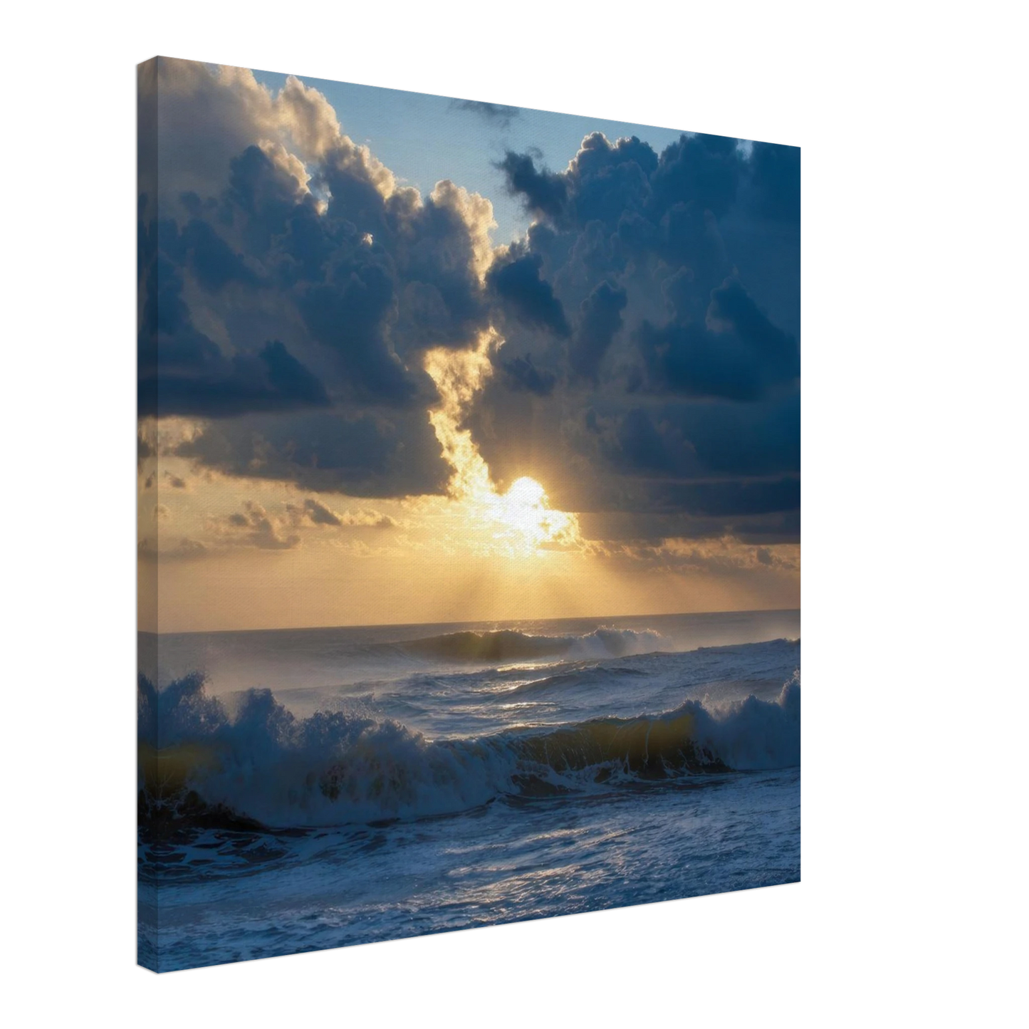 Wandbild dramatischer sonnenuntergang ueber stuermischer see lebendige wolken goldstrahlen fuer ihre wand