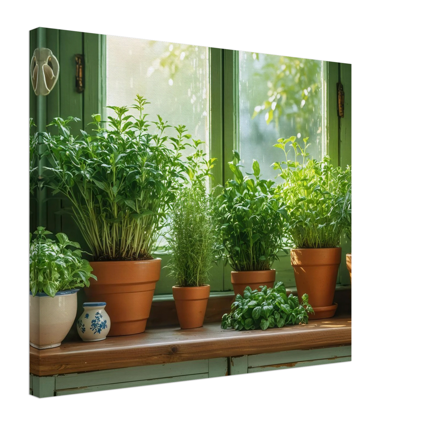 Wandbild mediterrane kraeuter am fenster frische gruen nuancen fuer ihr zuhause in vielen groessen