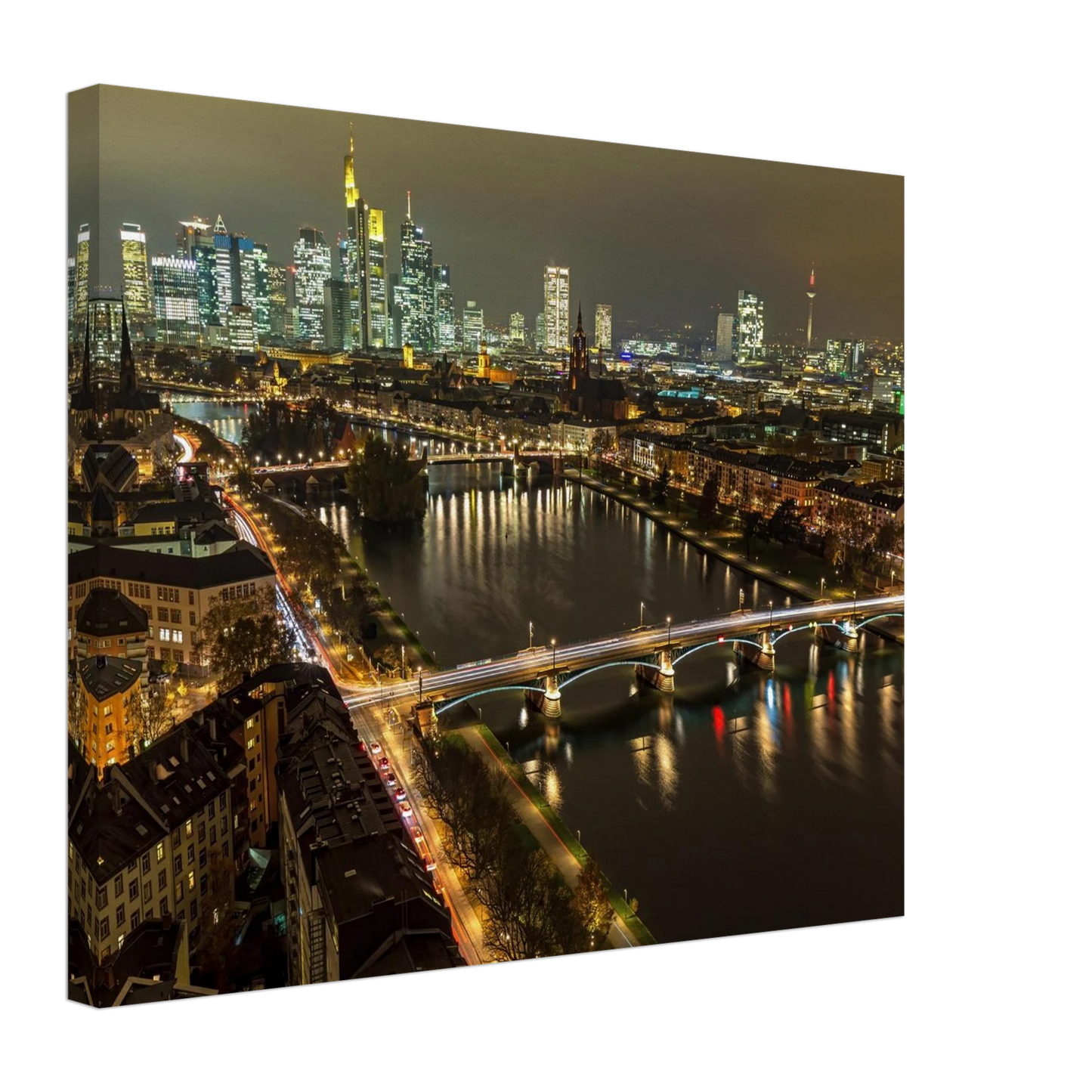 Wandbild golden leuchtende skyline modernes cityscape artwork in variablen groessen