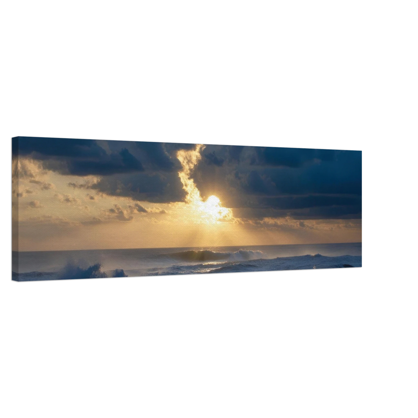 Wandbild dramatischer sonnenuntergang ueber stuermischer see lebendige wolken goldstrahlen fuer ihre wand