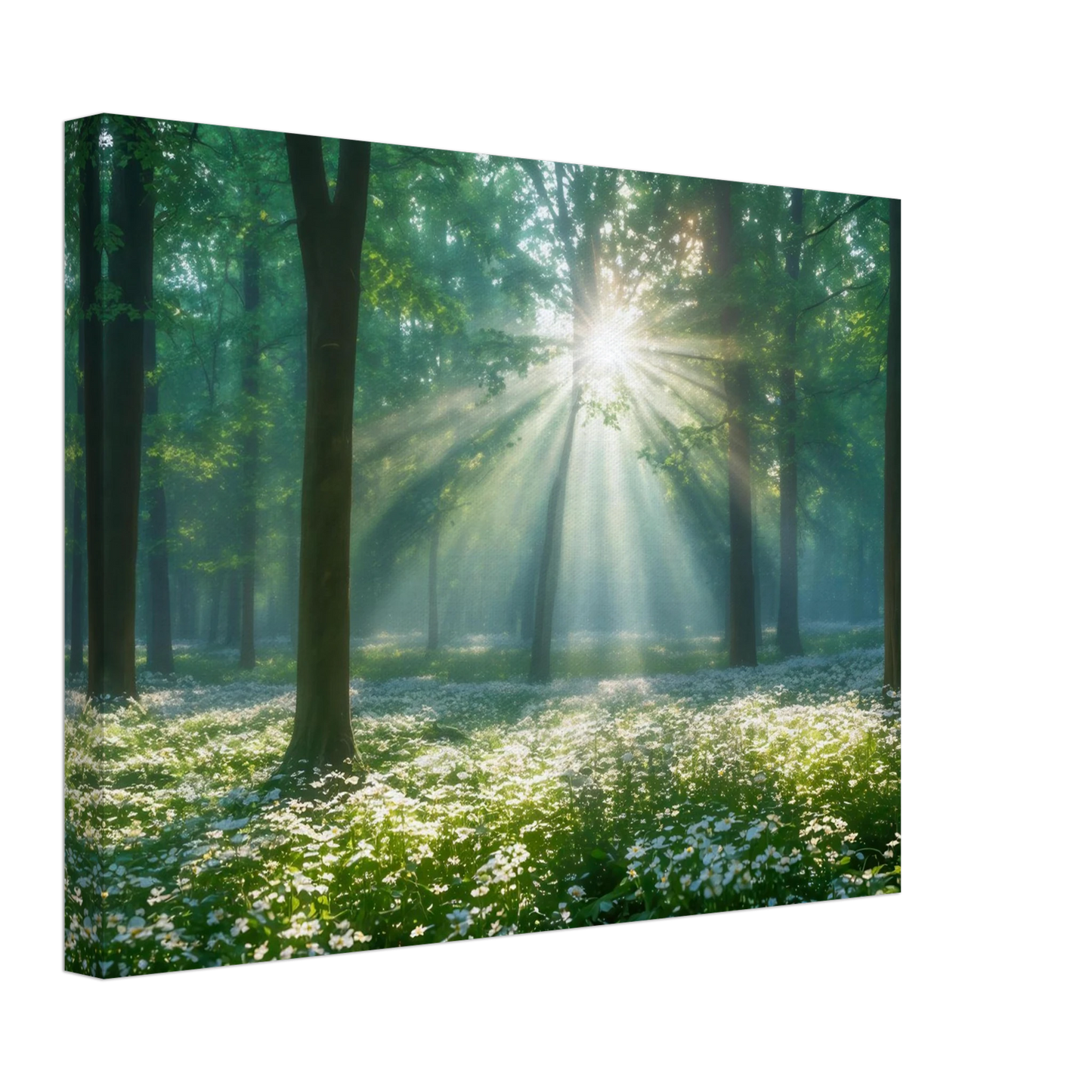 Wandbild mystischer wald sonnenstrahlen im gruenen bluetenmeer