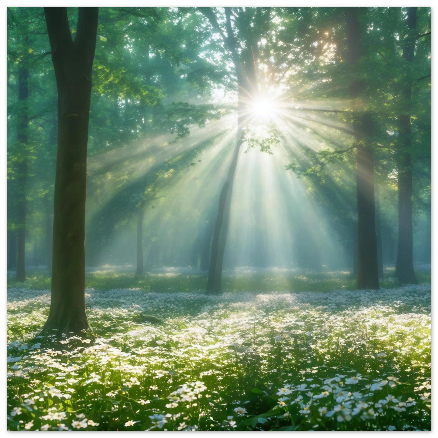 Wandbild mystischer wald sonnenstrahlen im gruenen bluetenmeer