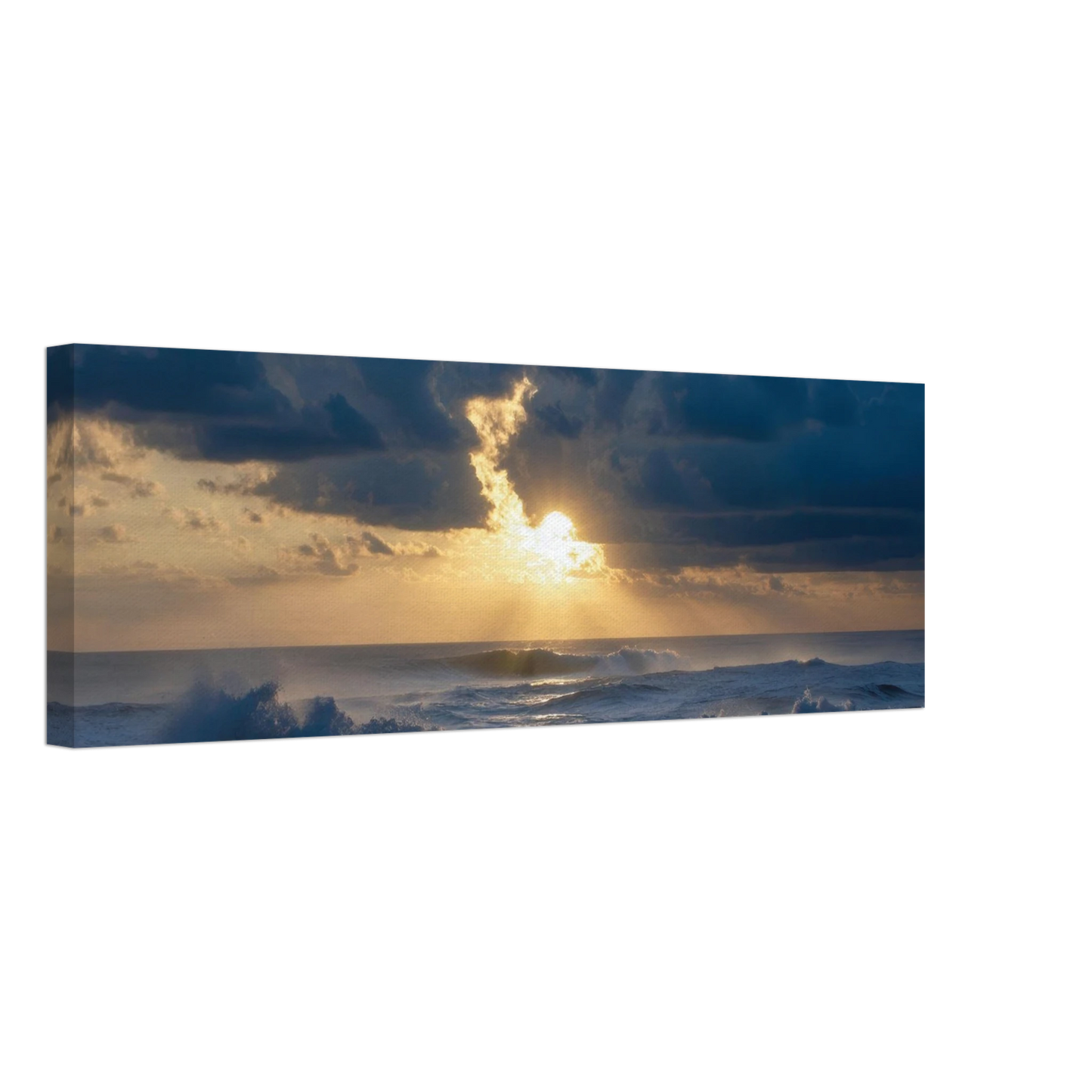 Wandbild dramatischer sonnenuntergang ueber stuermischer see lebendige wolken goldstrahlen fuer ihre wand