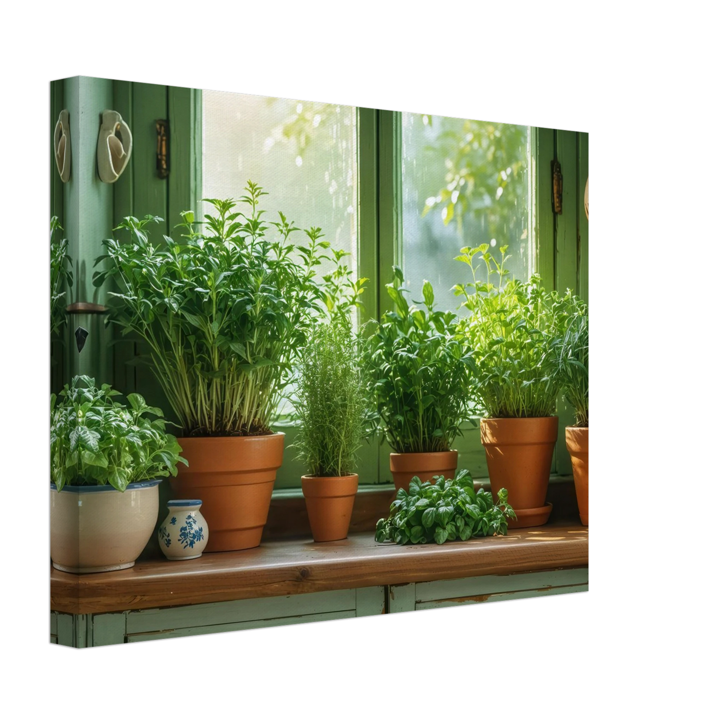 Wandbild mediterrane kraeuter am fenster frische gruen nuancen fuer ihr zuhause in vielen groessen