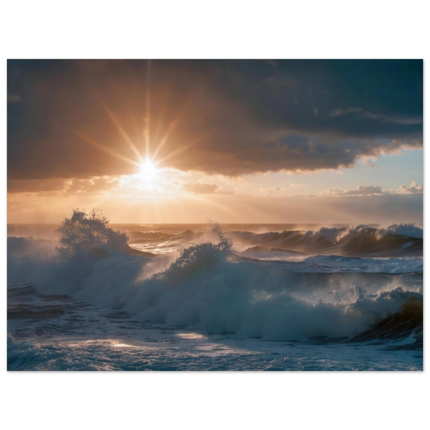 Wandbild dramatischer sonnenuntergang ueber stuermischen wellen ozean leinwanddruck in ihrer wunschgroesse