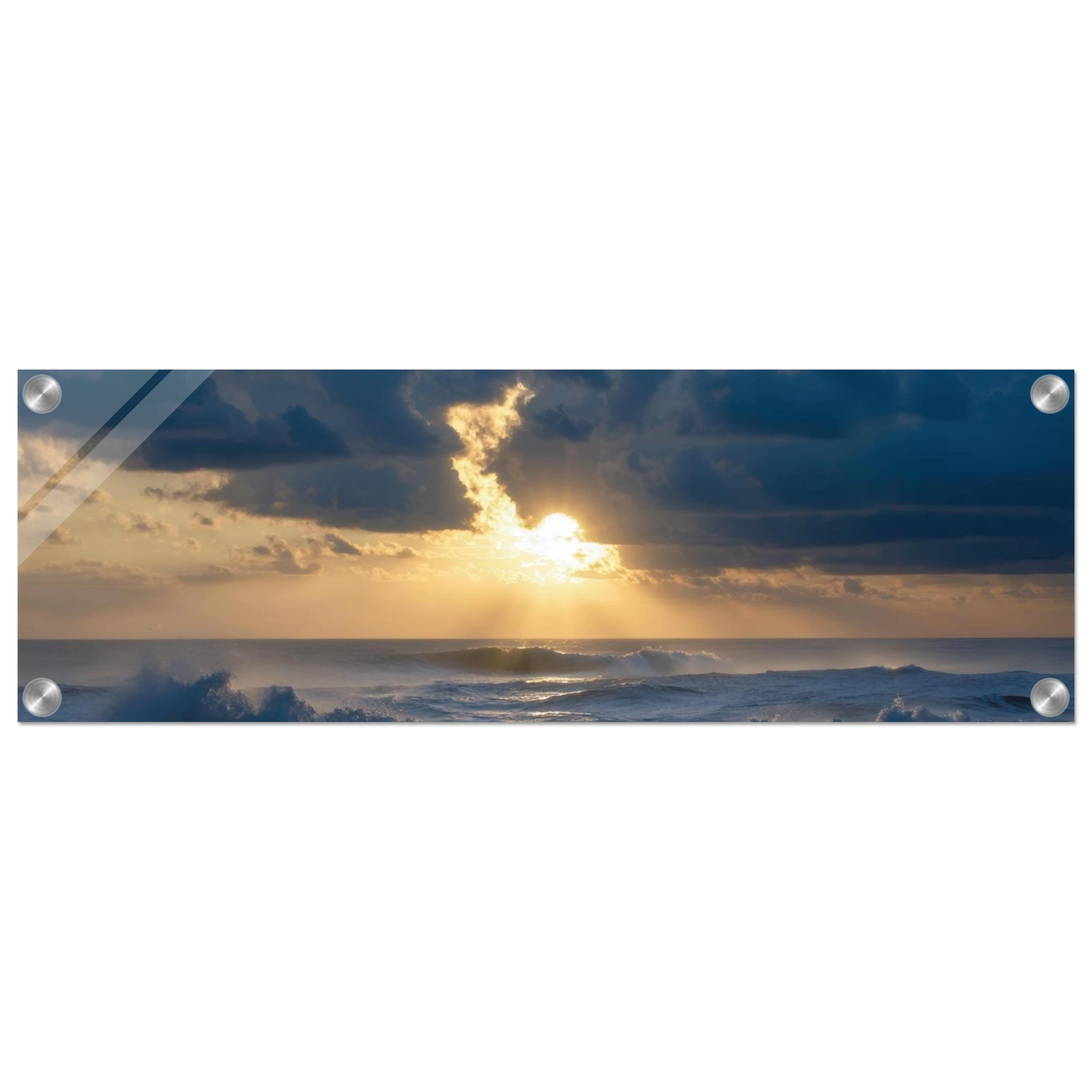 Wandbild dramatischer sonnenuntergang ueber stuermischer see lebendige wolken goldstrahlen fuer ihre wand