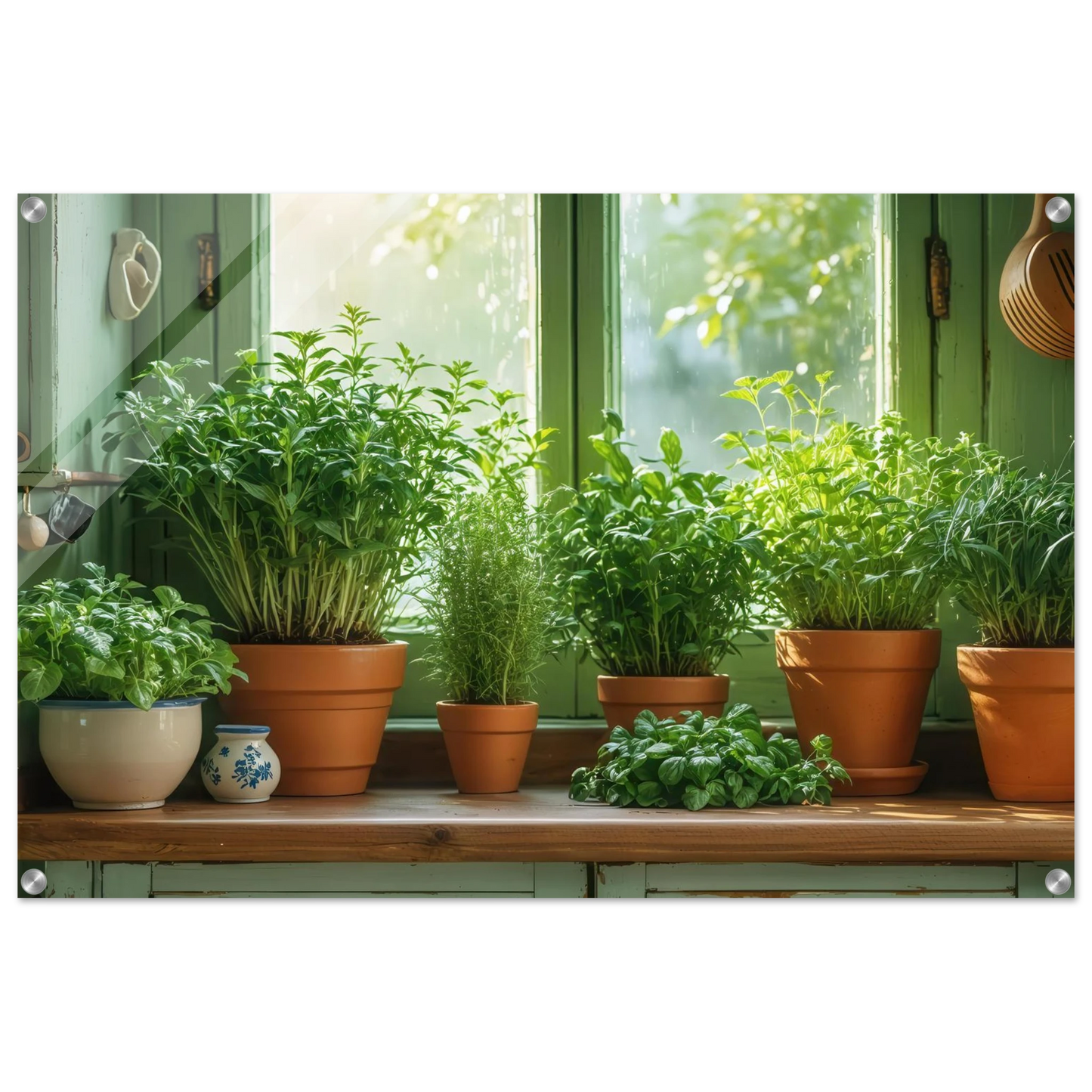 Wandbild mediterrane kraeuter am fenster frische gruen nuancen fuer ihr zuhause in vielen groessen