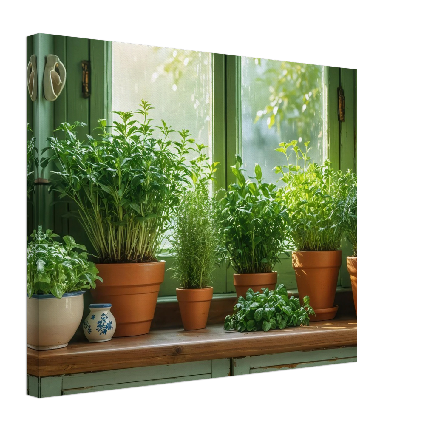 Wandbild mediterrane kraeuter am fenster frische gruen nuancen fuer ihr zuhause in vielen groessen