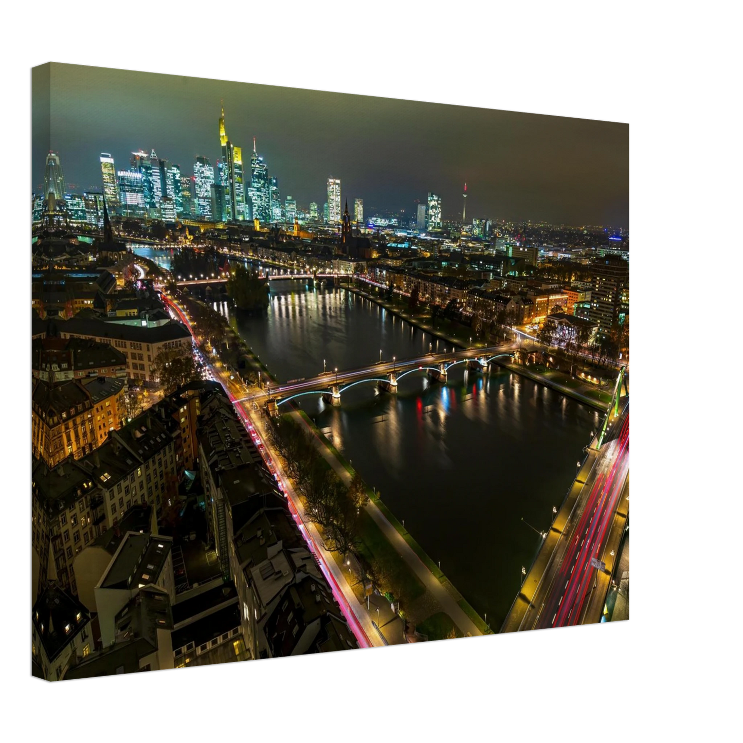 Wandbild frankfurt bei nacht pulsierende stadtansicht mit lichtspuren