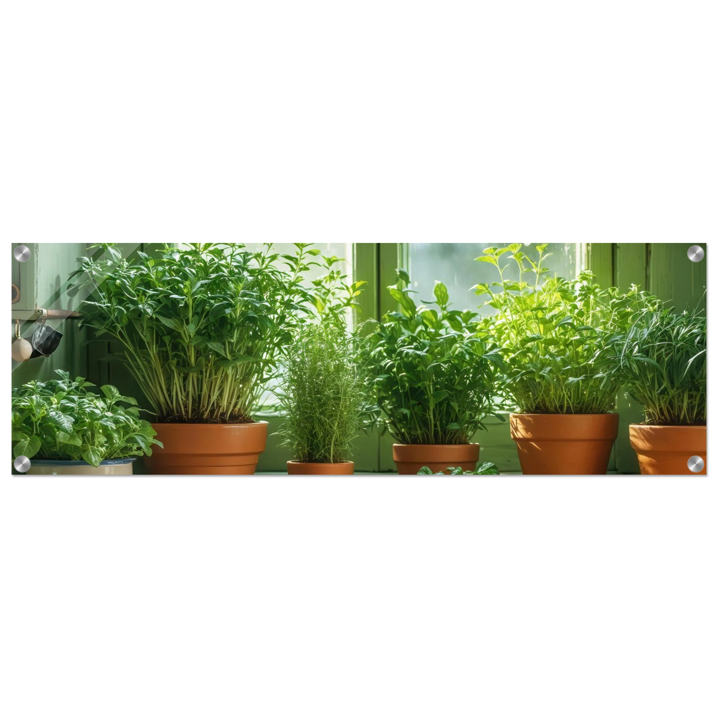 Wandbild mediterrane kraeuter am fenster frische gruen nuancen fuer ihr zuhause in vielen groessen