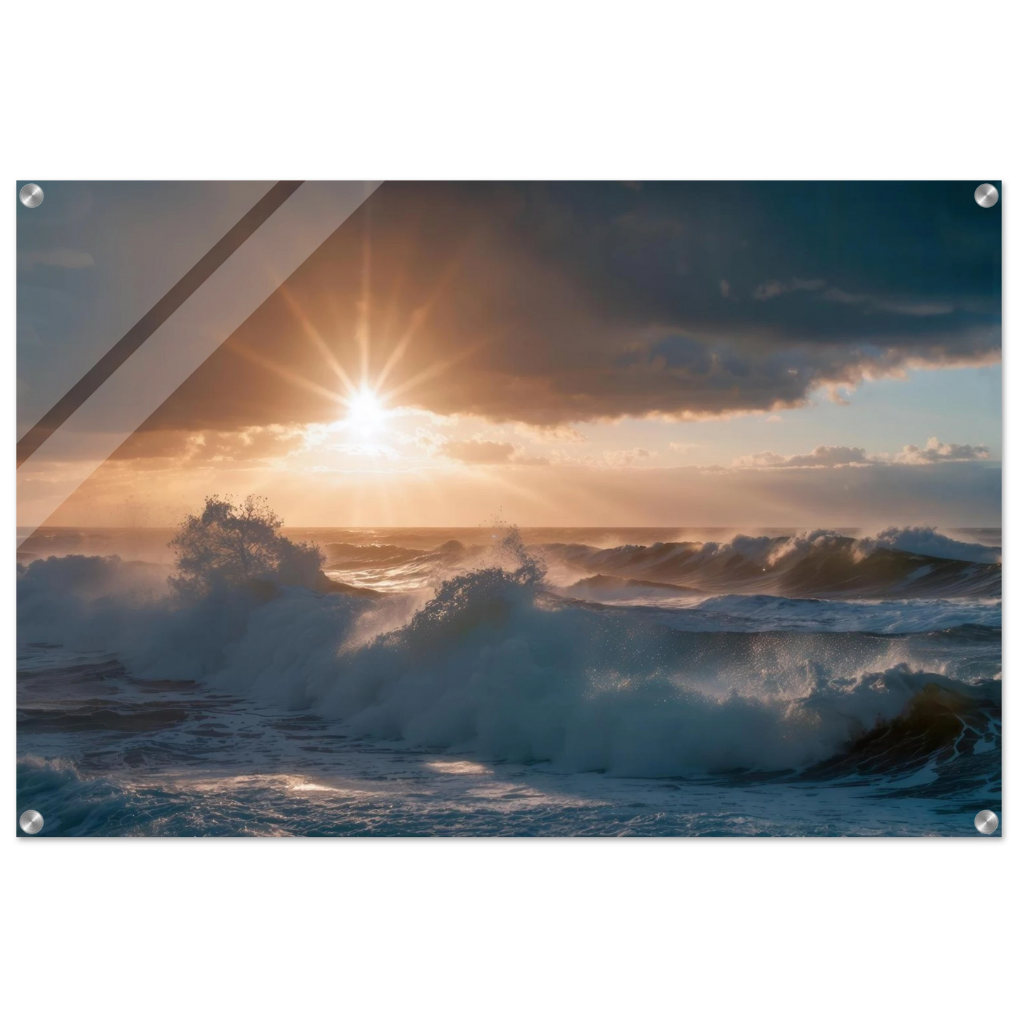 Wandbild dramatischer sonnenuntergang ueber stuermischen wellen ozean leinwanddruck in ihrer wunschgroesse
