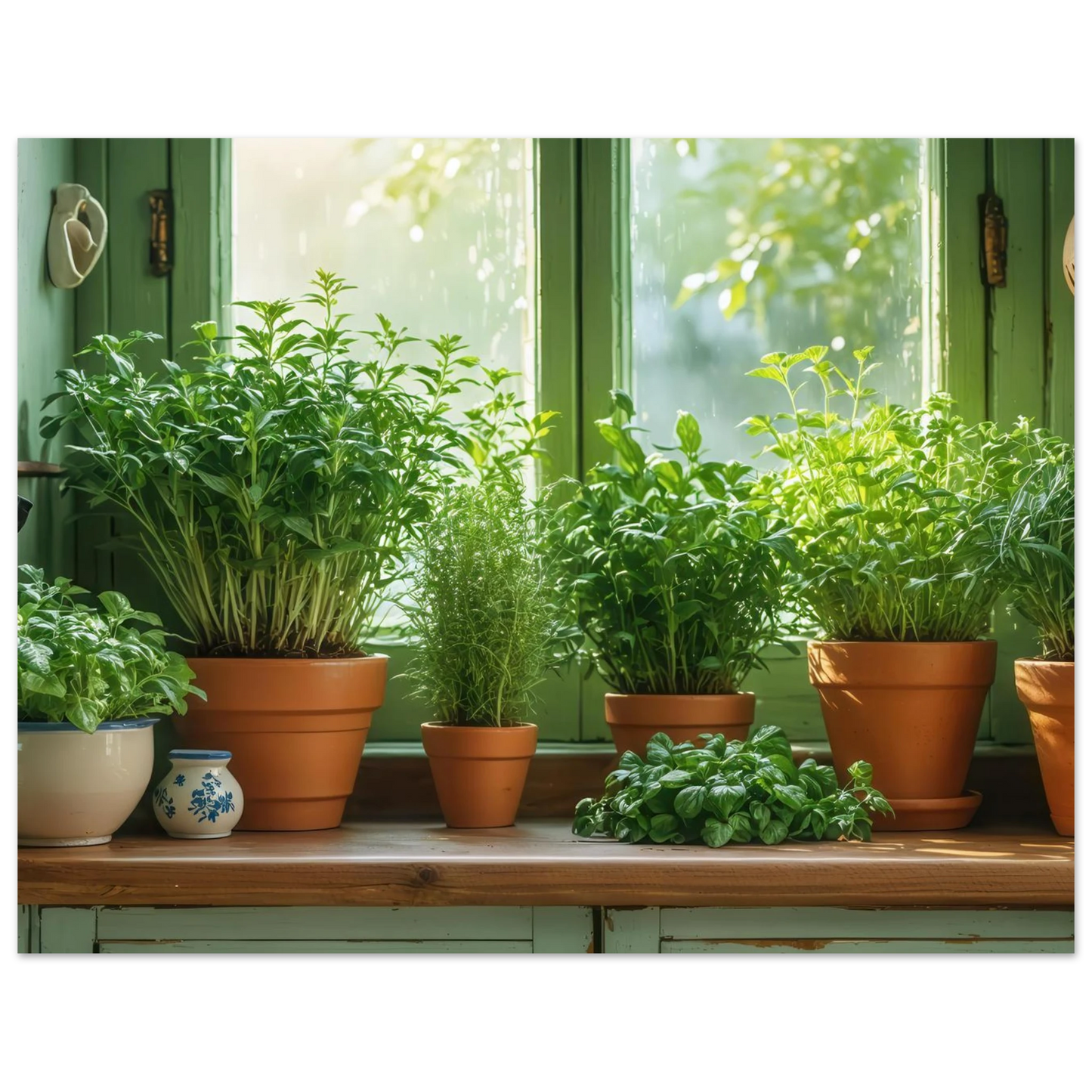 Wandbild mediterrane kraeuter am fenster frische gruen nuancen fuer ihr zuhause in vielen groessen