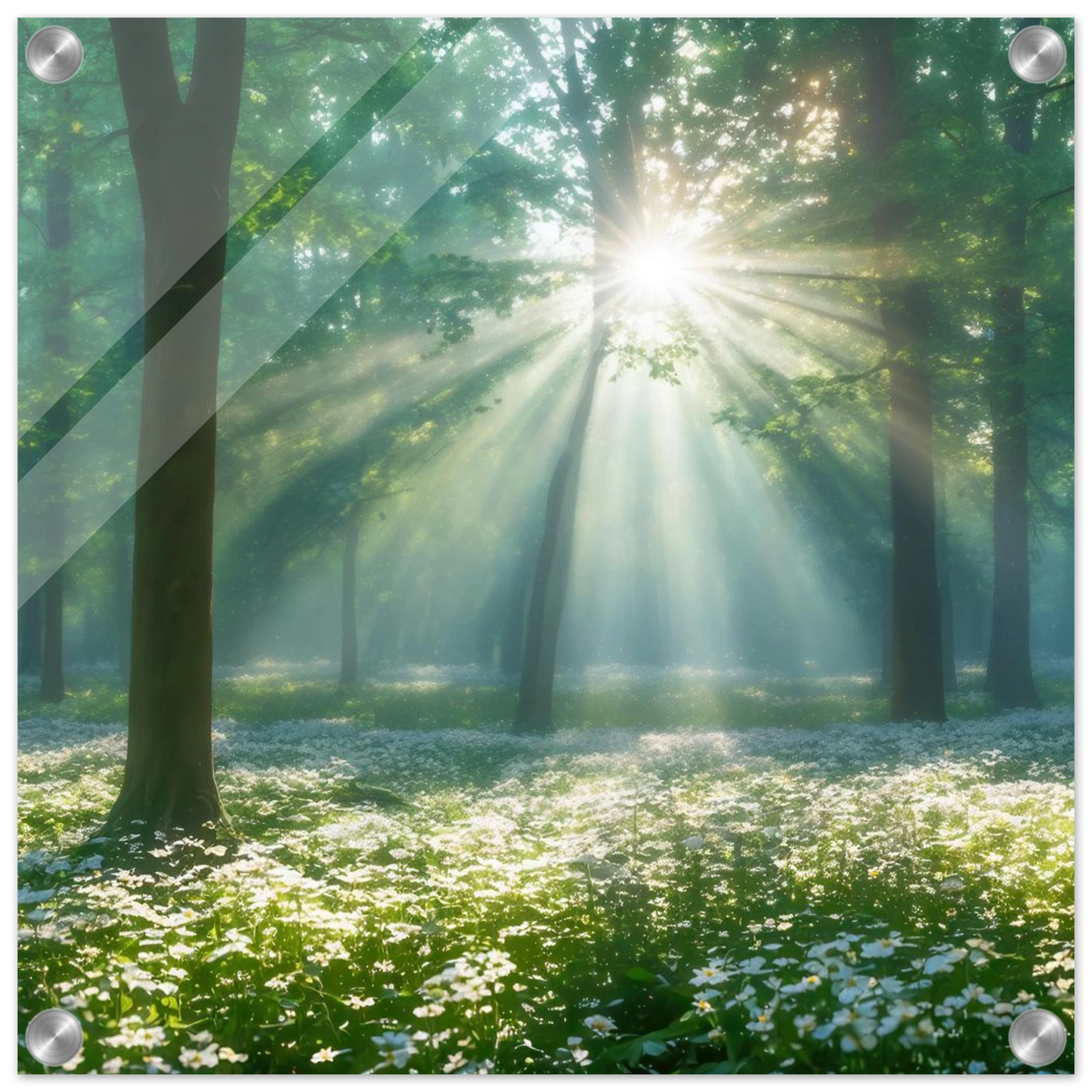 Wandbild mystischer wald sonnenstrahlen im gruenen bluetenmeer