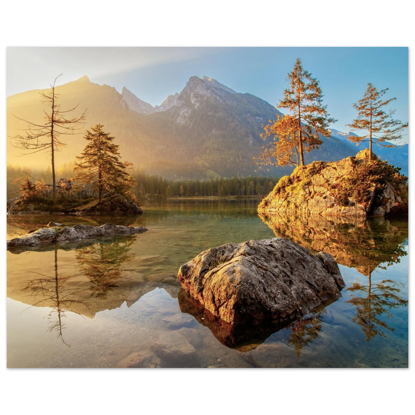 Wandbild majestaetischer sonnenaufgang am gebirgssee beruhigende naturlandschaft in ihrer wunschgroesse