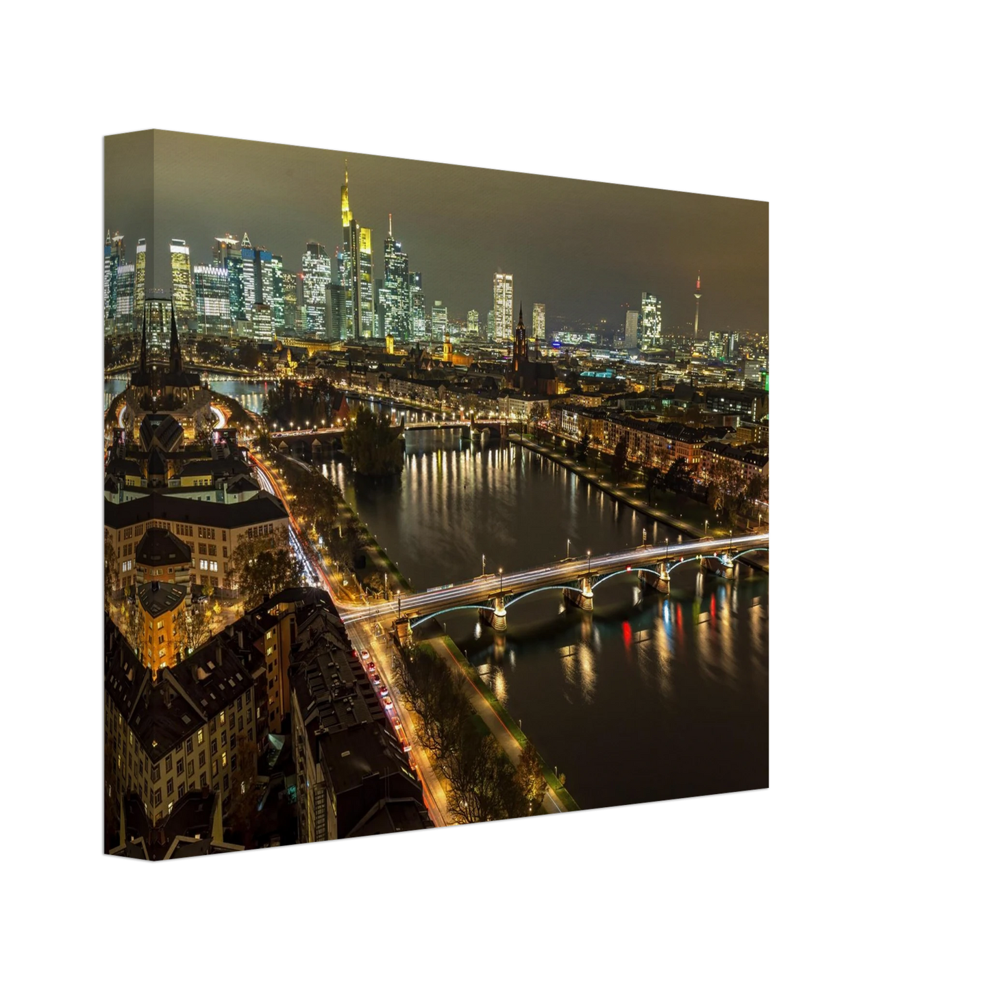 Wandbild golden leuchtende skyline modernes cityscape artwork in variablen groessen