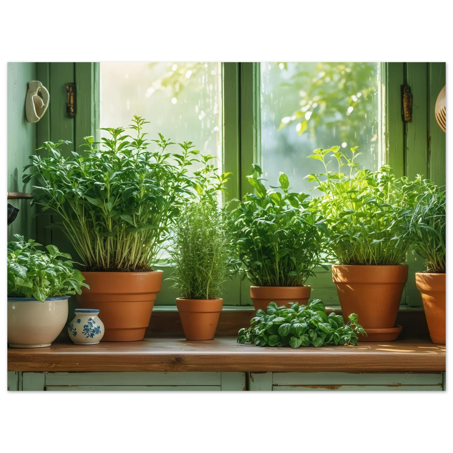 Wandbild mediterrane kraeuter am fenster frische gruen nuancen fuer ihr zuhause in vielen groessen