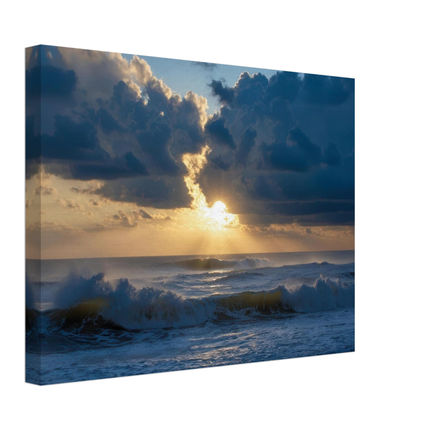 Wandbild dramatischer sonnenuntergang ueber stuermischer see lebendige wolken goldstrahlen fuer ihre wand