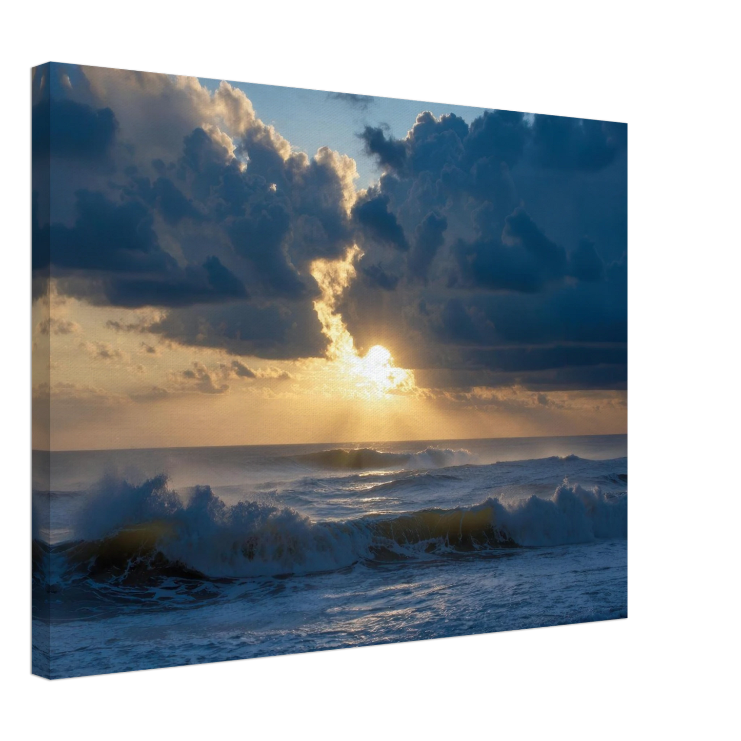 Wandbild dramatischer sonnenuntergang ueber stuermischer see lebendige wolken goldstrahlen fuer ihre wand