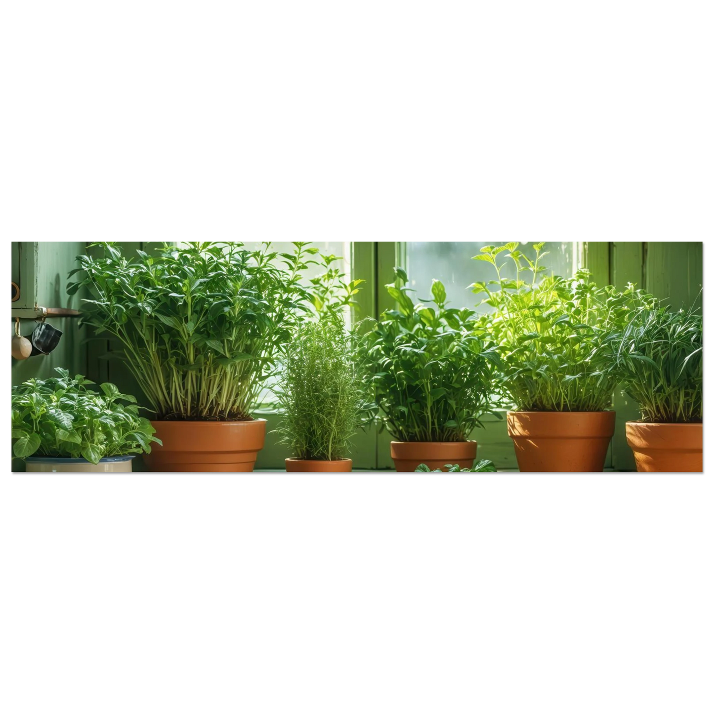 Wandbild mediterrane kraeuter am fenster frische gruen nuancen fuer ihr zuhause in vielen groessen