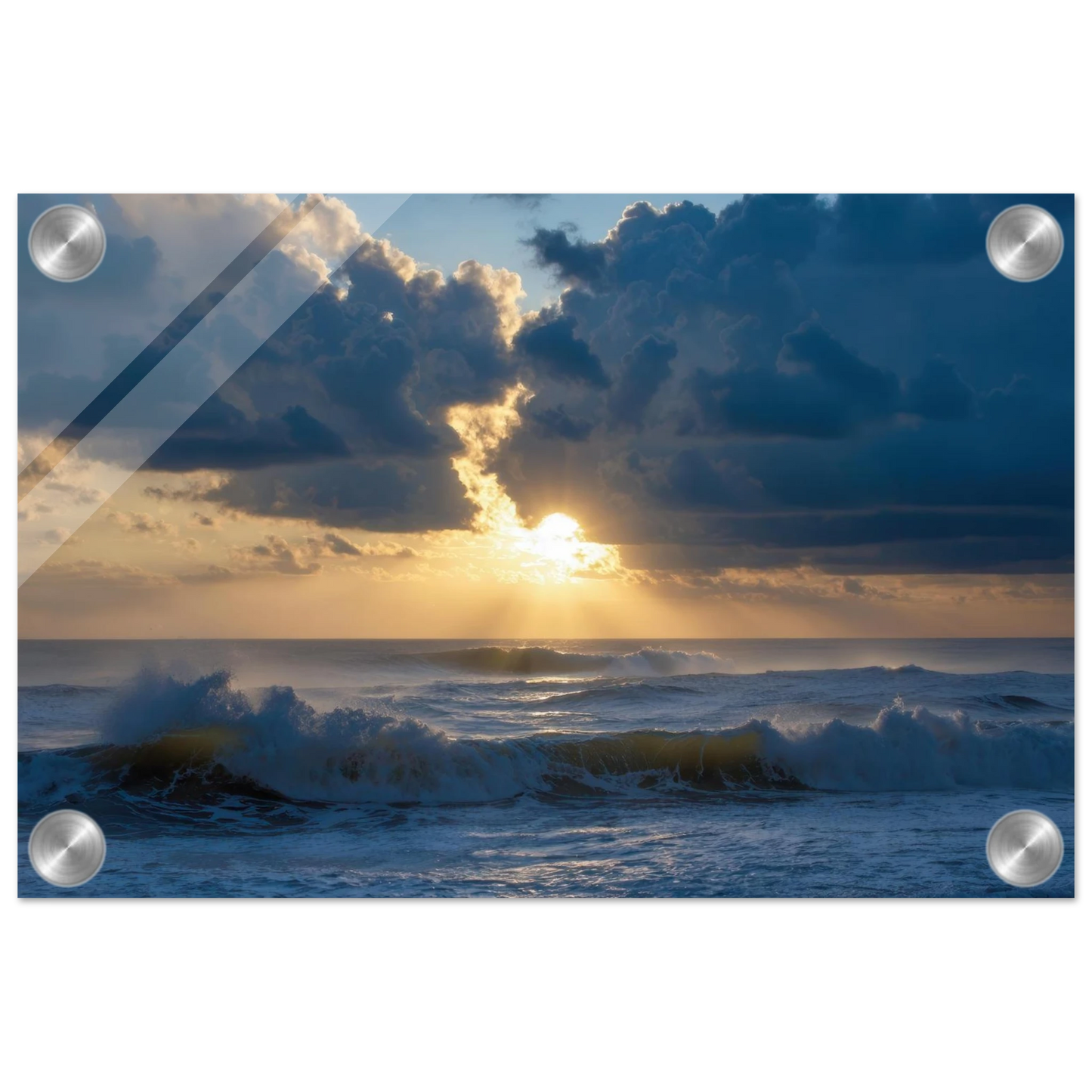 Wandbild dramatischer sonnenuntergang ueber stuermischer see lebendige wolken goldstrahlen fuer ihre wand