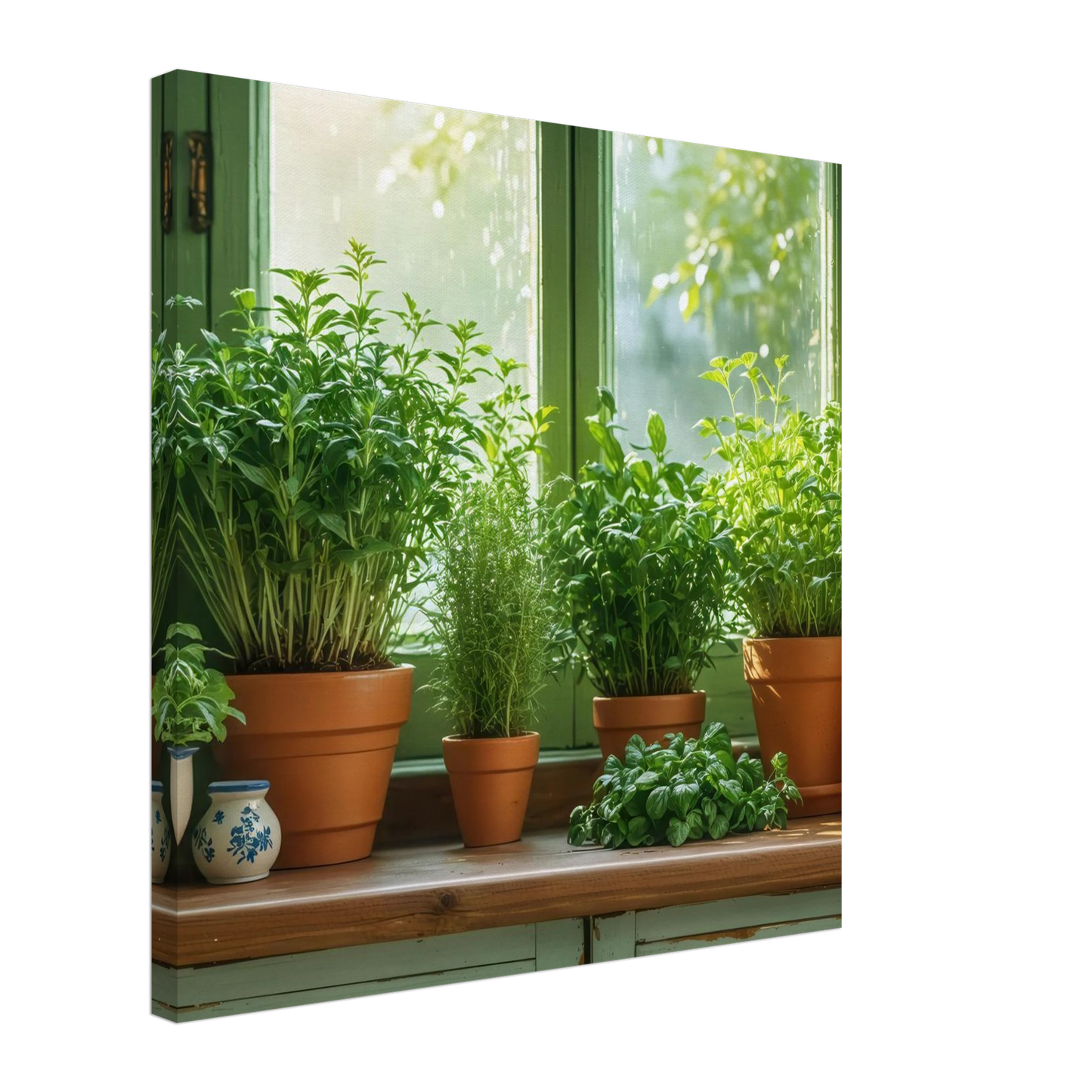 Wandbild mediterrane kraeuter am fenster frische gruen nuancen fuer ihr zuhause in vielen groessen