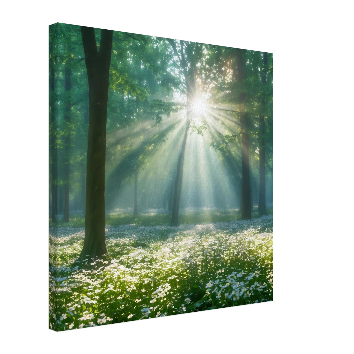 Wandbild mystischer wald sonnenstrahlen im gruenen bluetenmeer