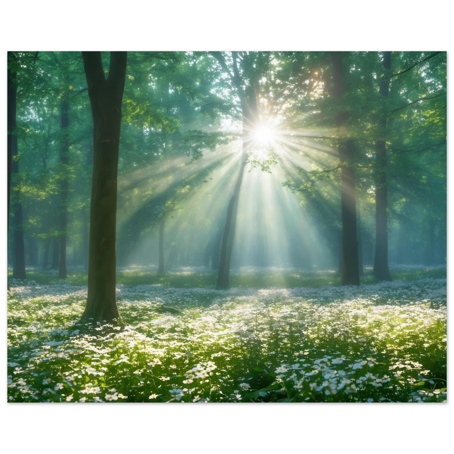 Wandbild mystischer wald sonnenstrahlen im gruenen bluetenmeer