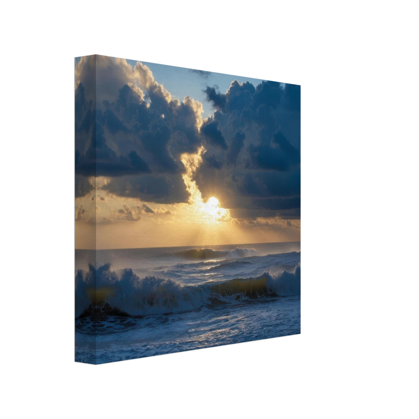 Wandbild dramatischer sonnenuntergang ueber stuermischer see lebendige wolken goldstrahlen fuer ihre wand