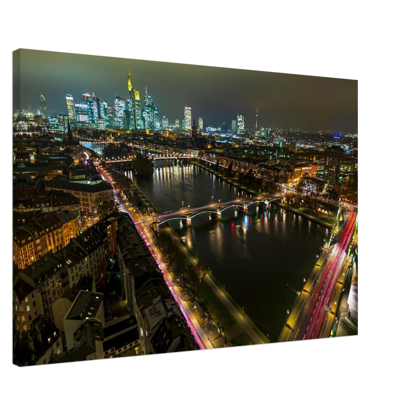 Wandbild frankfurt bei nacht pulsierende stadtansicht mit lichtspuren