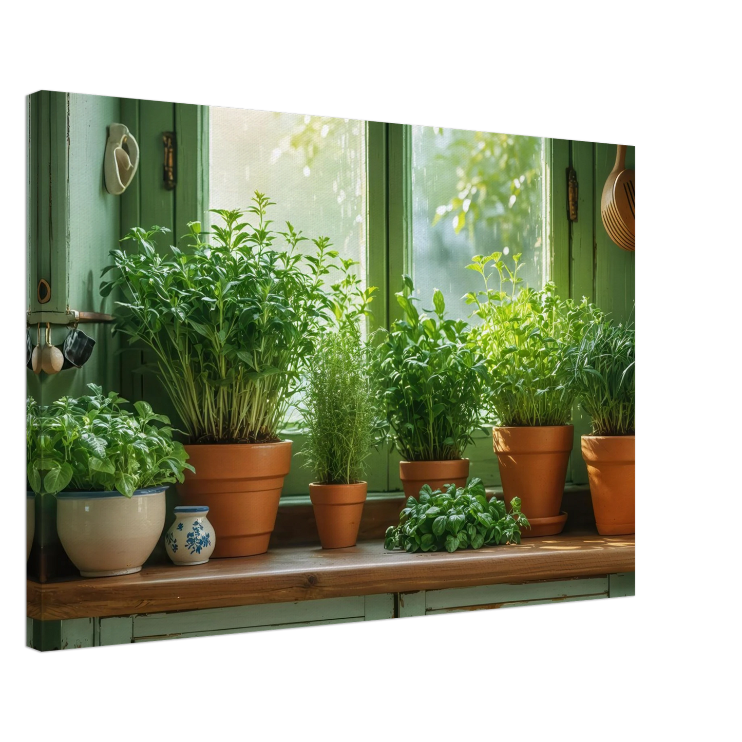 Wandbild mediterrane kraeuter am fenster frische gruen nuancen fuer ihr zuhause in vielen groessen