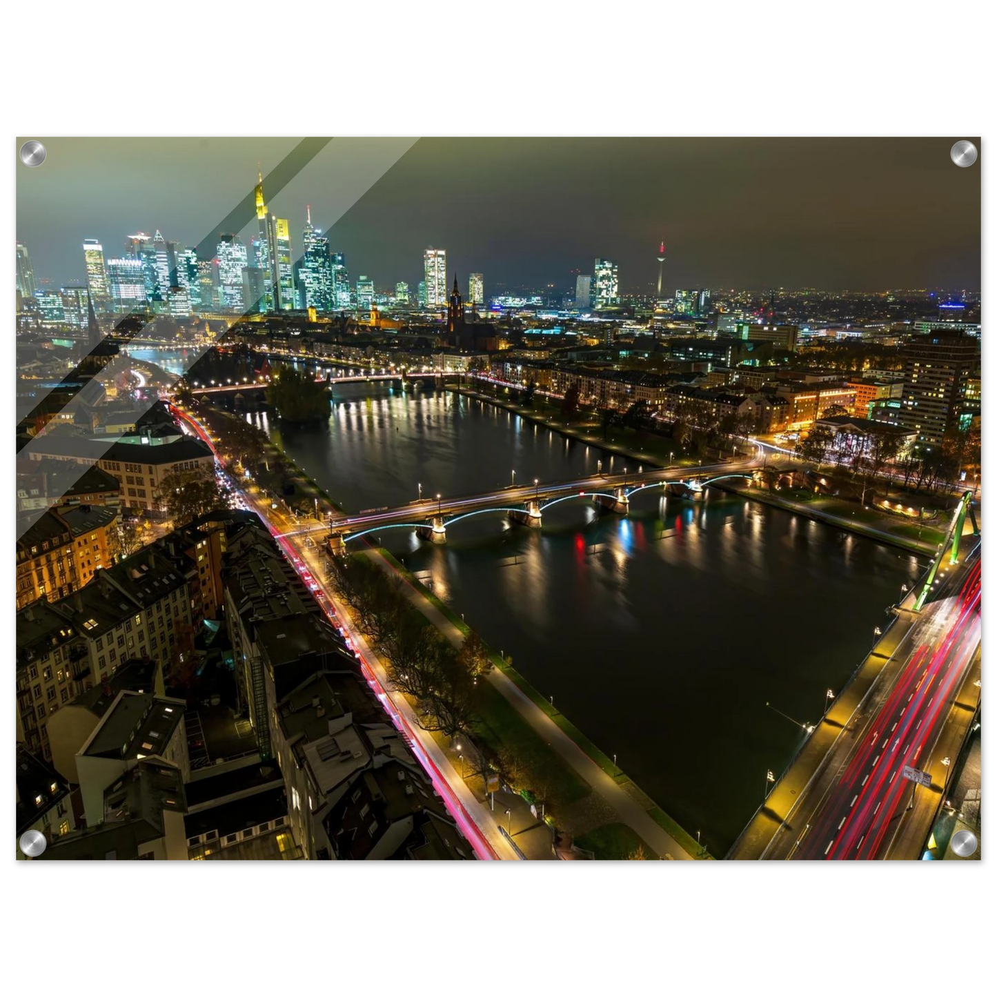 Wandbild frankfurt bei nacht pulsierende stadtansicht mit lichtspuren