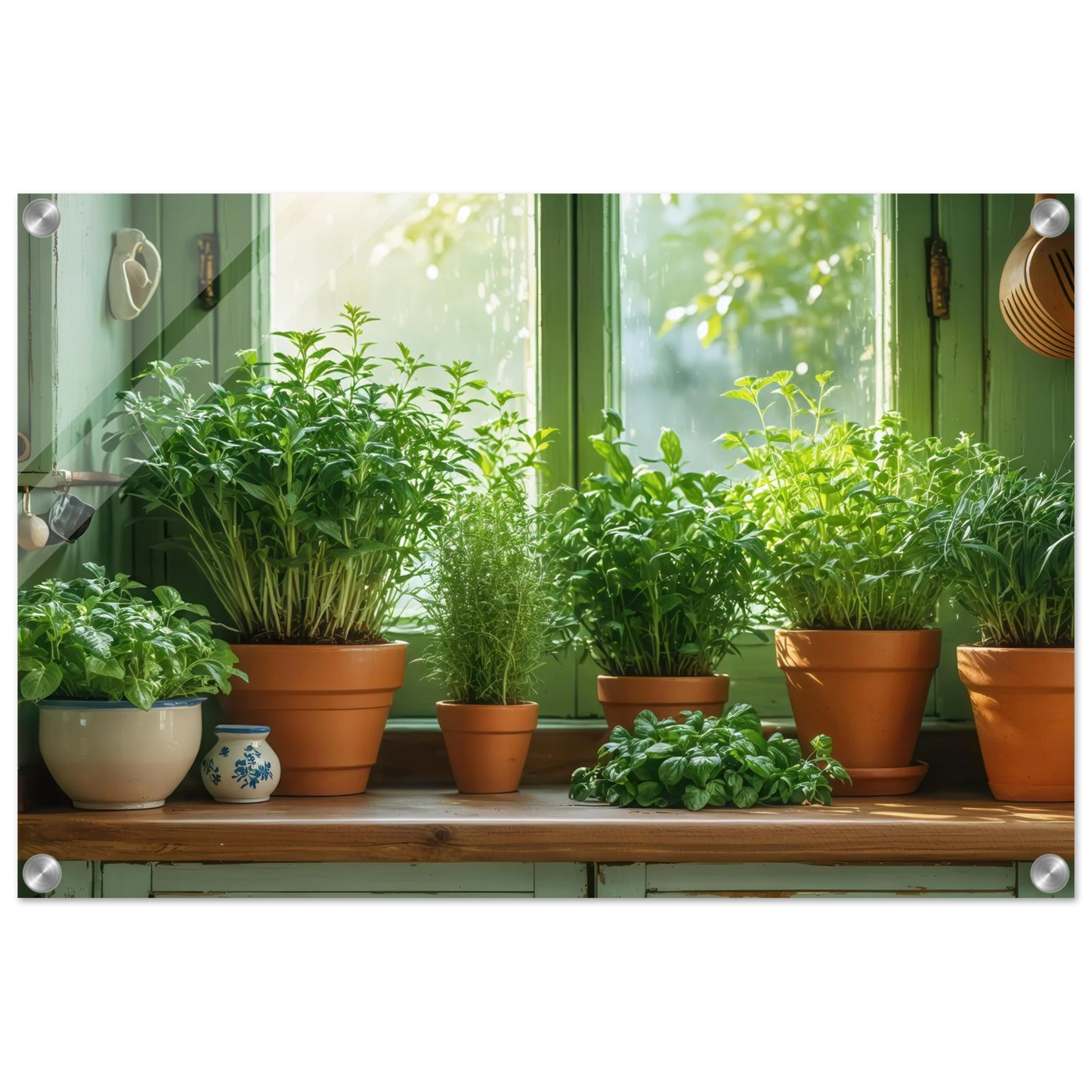 Wandbild mediterrane kraeuter am fenster frische gruen nuancen fuer ihr zuhause in vielen groessen